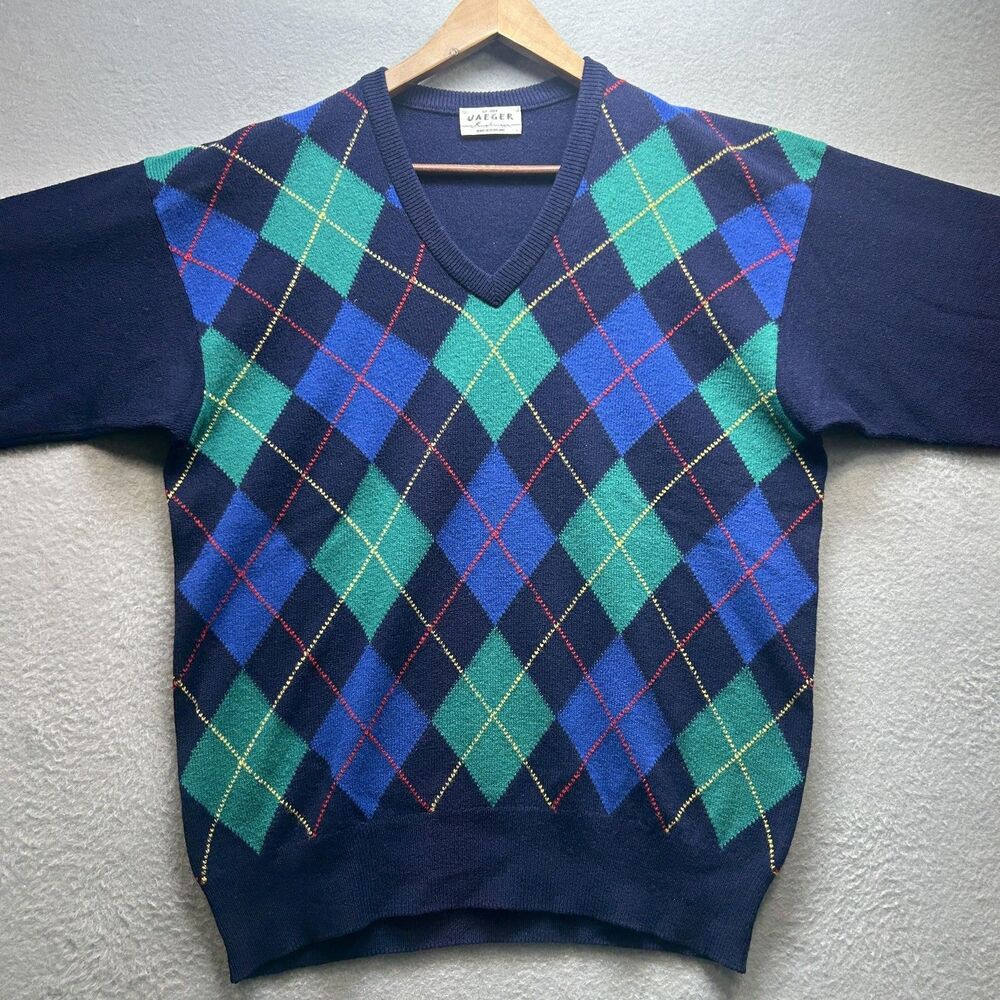Vintage Mr. Rogers Sweater Mens Large Navy Argyle V Neck Made in Scotland Preppy
